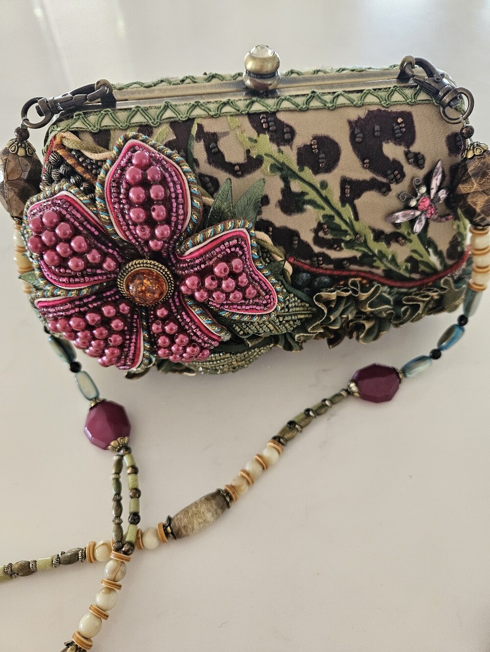 Vintage Mary Frances Embellished Floral Beaded Clutch - Pink & Green